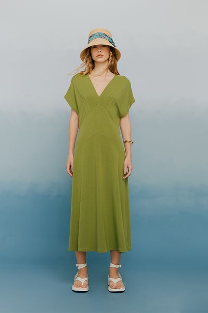 Vestido recortes prega verde palak