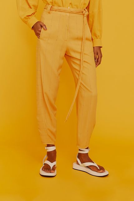 Calça linho jogo listras laranja mango