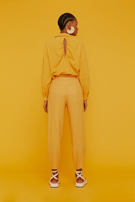 Calça linho jogo listras laranja mango