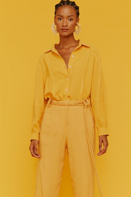 Calça linho jogo listras laranja mango