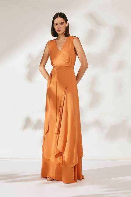 Vestido festa recortes laranja mango