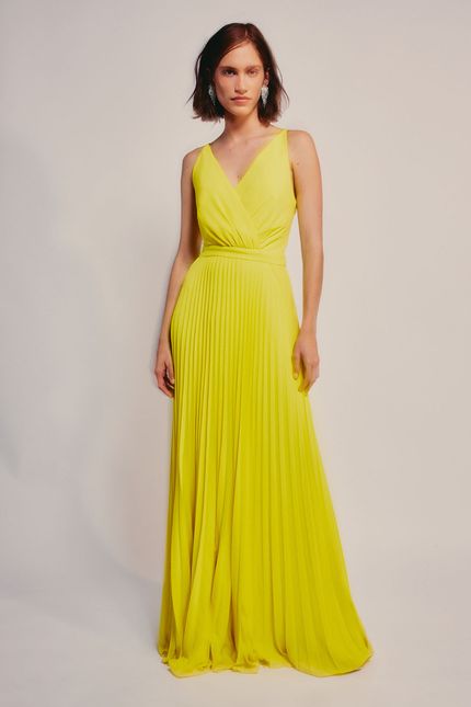 Vestido alça plissado amarelo solar