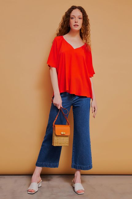 Blusa crepe manga vermelho morango