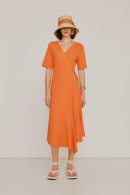 Vestido transpasse estruturado laranja tropical