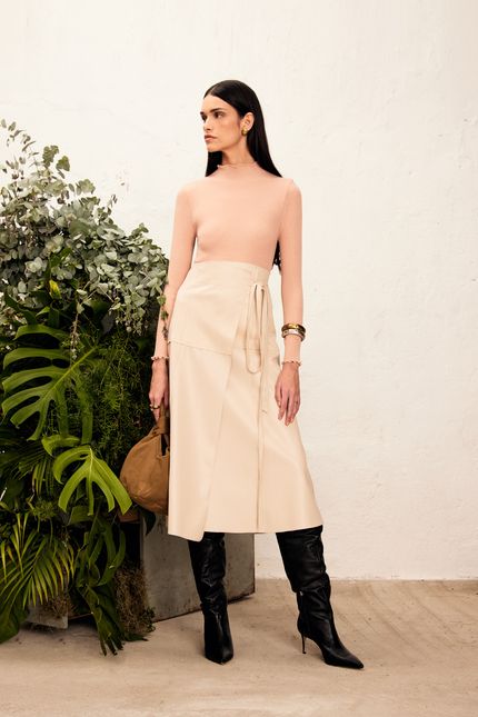 Saia transpassada suede bege creme