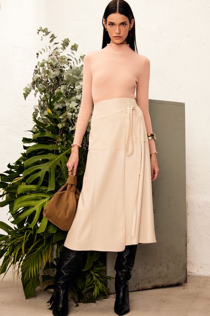 Saia transpassada suede bege creme