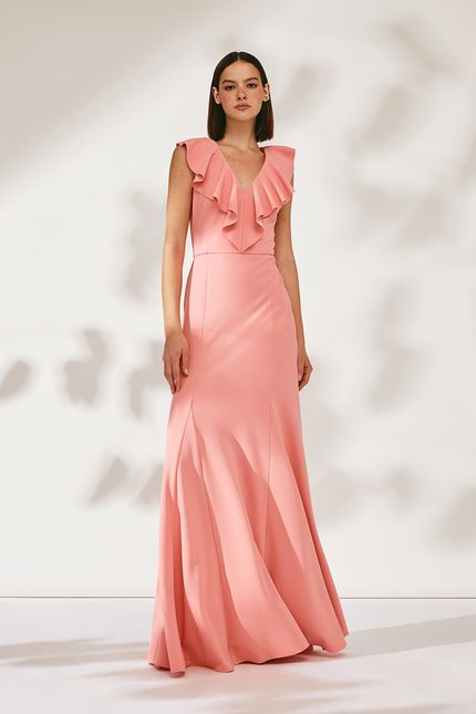 Vestido festa jabot decote rosa sorbet