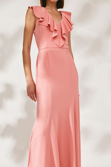 Vestido festa jabot decote rosa sorbet