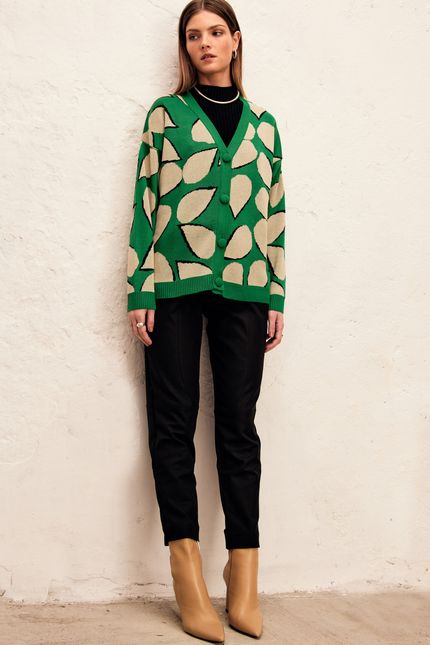 Casaco tricot jacguard folhagem  verde trevo