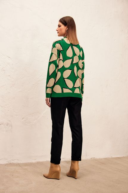 Casaco tricot jacguard folhagem  verde trevo