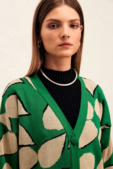 Casaco tricot jacguard folhagem  verde trevo