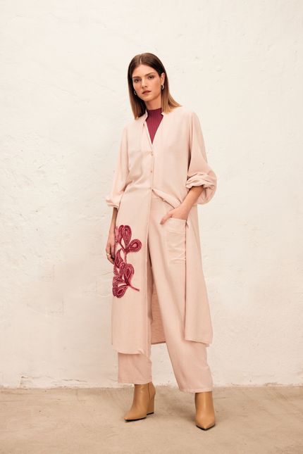 Vestido linho bordado floral  rosa quartzo