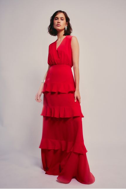 Vestido festa  camadas  vermelho pétala