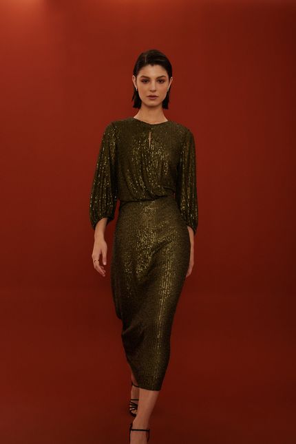 Vestido festa dobra paetê verde musgo