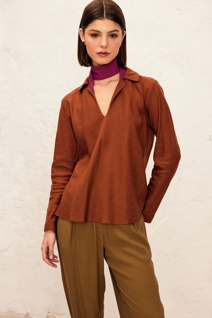 Blusa cambraia de linho  marrom terra