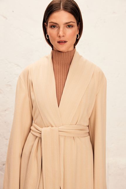 Casaco trench coat com cinto  bege creme