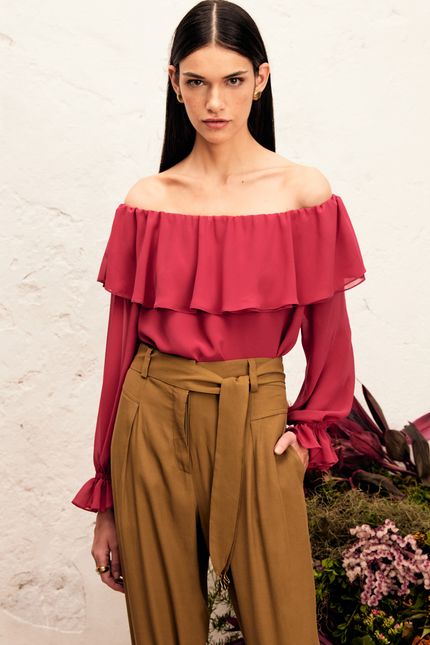 Blusa ombro a ombro babados  rosa dahlia