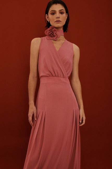 Vestido festa pregas lurex rosa begonia