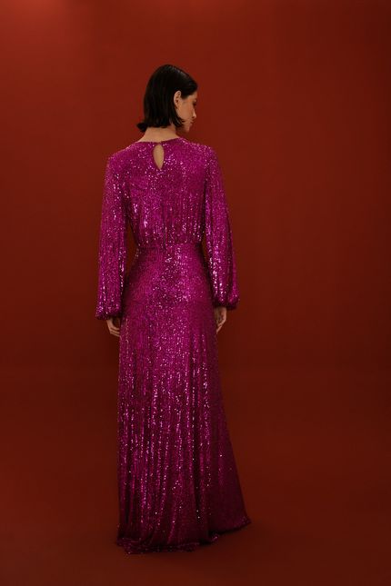 Vestido festa manga paetê roxo orquidea