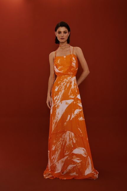 Vestido festa dobra folhagem marble laranja ginger