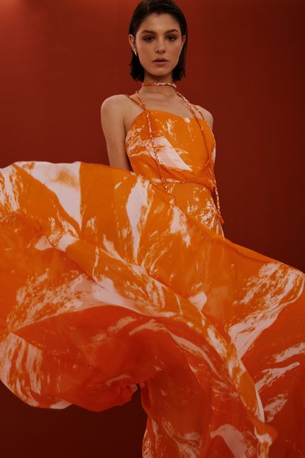 Vestido festa dobra folhagem marble laranja ginger