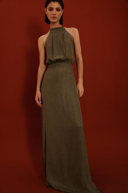 Vestido festa gola animal print verde musgo