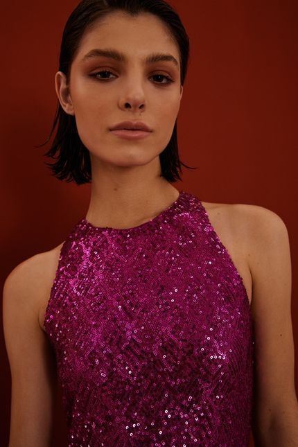 Vestido festa coluna paetê roxo orquidea
