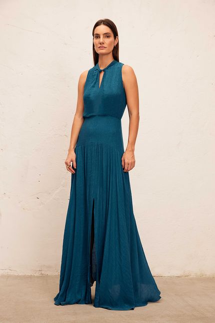 Vestido torção gola  azul lago