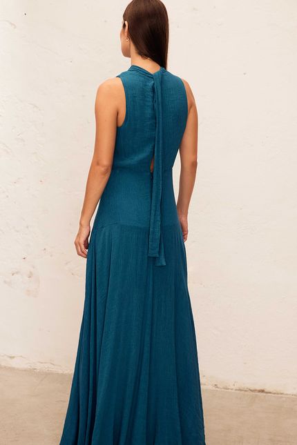 Vestido torção gola  azul lago