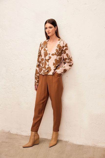 Blusa botões floral puff rosa quartzo