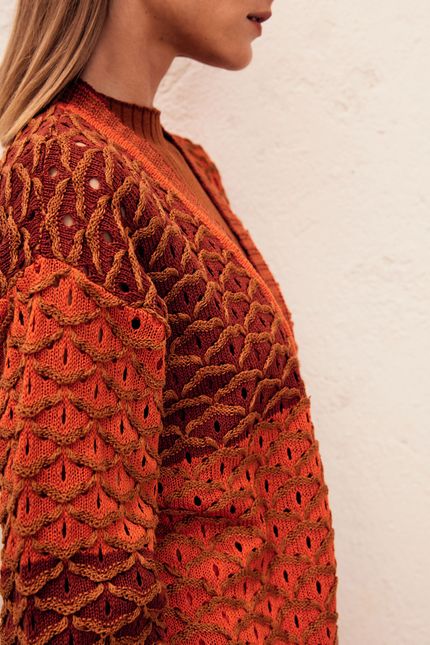 Casaco tricot listra mista bege queimado