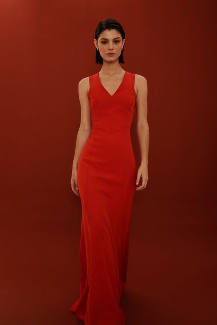 Vestido festa recortes alça vermelho anturio