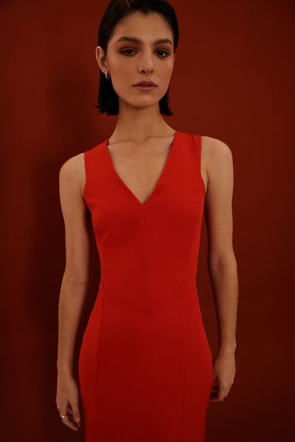 Vestido festa recortes alça vermelho anturio
