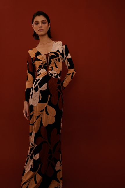 Vestido festa jersey amarração floral puff maxi preto