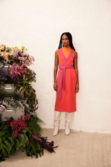 Vestido midi bicolor  laranja terracota