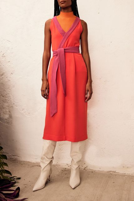 Vestido midi bicolor  laranja terracota