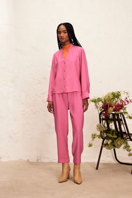 Camisa cupro gola v rosa tulipa