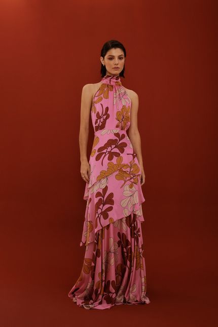 Vestido festa gola floral puff mix rosa begonia