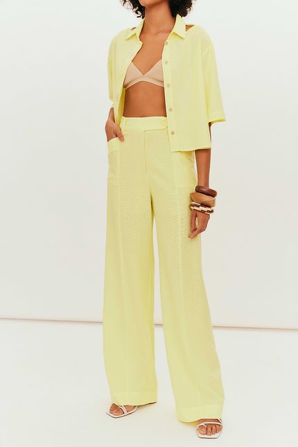 Calça pantalona linho bolso amarelo lima