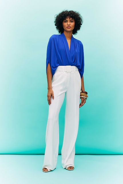 Calça malha crepe fivela off white