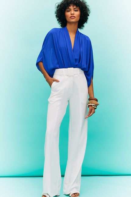 Calça malha crepe fivela off white