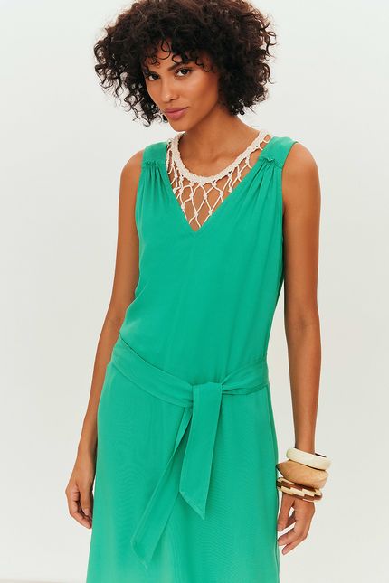 Vestido crepe alça franzido verde astral