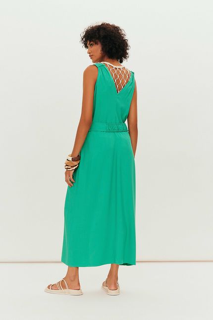 Vestido crepe alça franzido verde astral