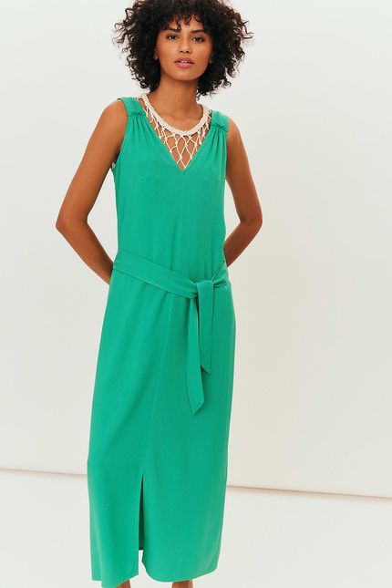 Vestido crepe alça franzido verde astral