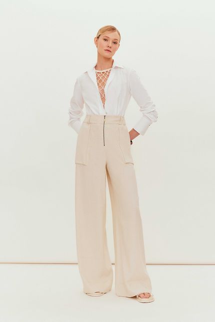 calça linho pantalona bege natural