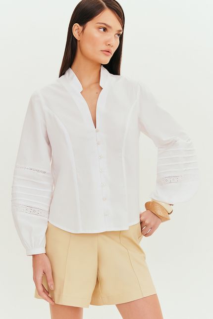 Camisa manga rendas nervuras branco
