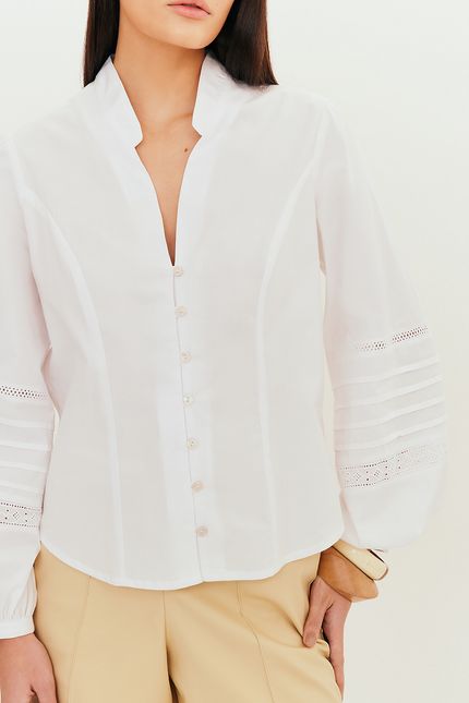 Camisa manga rendas nervuras branco