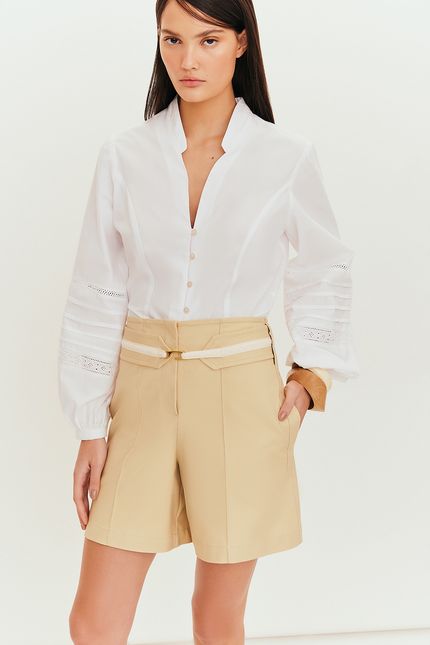 Camisa manga rendas nervuras branco