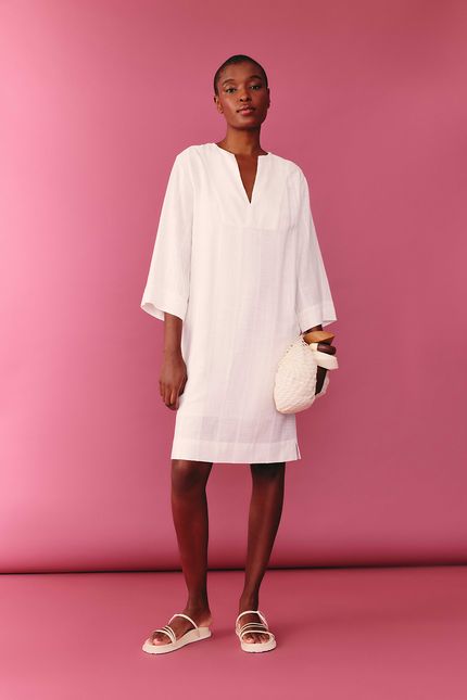 Vestido manga linho maquinetado off white