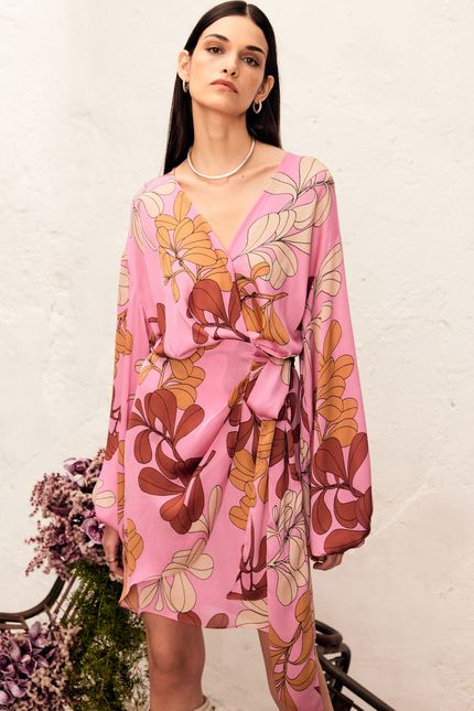 Vestido curto floral puff mix rosa begonia